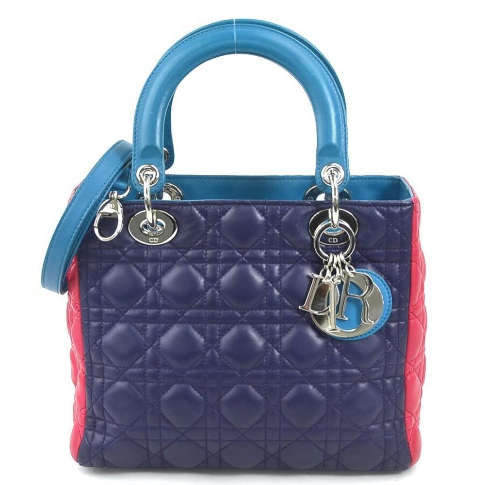Christian Dior Lady 2way Shoulder Bag leather purple blue pink silver